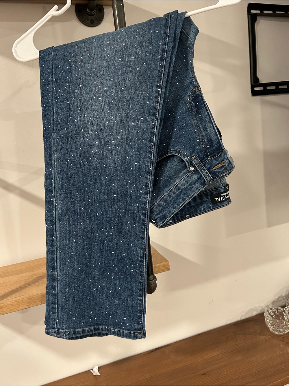 Straight Leg Women's Jeans with Rhinestone Detail - Dark Blue